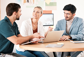 Image showing Business people planning marketing strategy in meeting, talking about online company website on laptop and team for advertising partnership at work. Employees in conversation about corporate goal