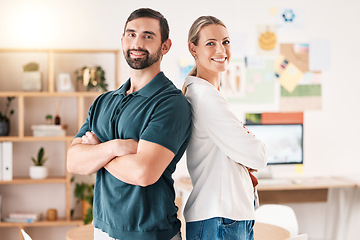 Image showing Teamwork, collaboration and mission with a team working together with a vision of growth in their office at work. Business people standing back to back with arms crossed in their modern workplace