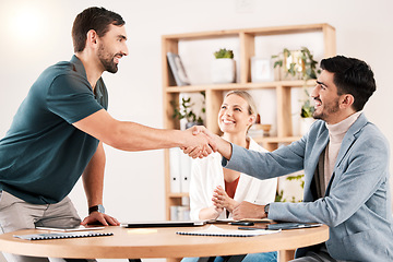 Image showing Handshake, teamwork and collaboration with a team shaking hands during a meeting in the office for planning and development. Thank you, partnership and contract with business people in the boardroom