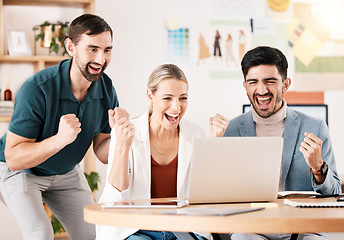 Image showing Winner, laptop and team with excited fist for successful news on career deal or business reward. Motivation, happiness and celebration about job update with corporate workers in the office.