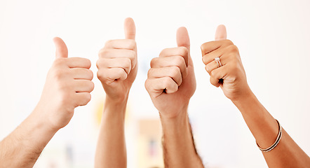 Image showing Group thumbs up, vote or like hand emoji sign or gesture closeup on white wall mockup. Thank you, yes or support sign, icon or gesture for trust, agreement or social media review with mock up