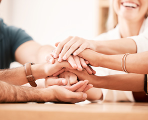Image showing Team hands in support and unity with diversity group of businesspeople in meeting in office. Motivation, trust and teamwork with business professionals success and target or goal together at work