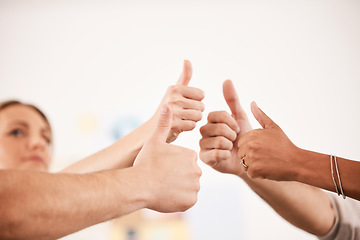 Image showing People with their thumbs up for success, achievement or agreement in a community support group. Closeup of friends in celebration of solidarity, commitment and teamwork in a mental health clinic.