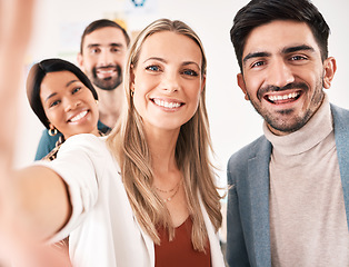 Image showing Happy, motivation and selfie with office friends together for seminar or team building workshop. Business people with friendly, joyful and positive relationship for healthy workforce culture.