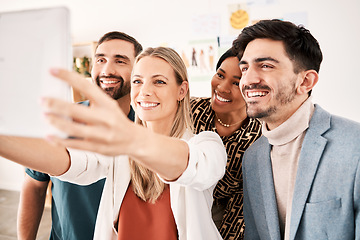 Image showing Teamwork selfie, business people and staff posing for social media photo on tablet as happy, smile and successful collaboration in office agency. Friends, diversity staff and workers on video call