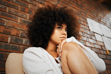 Image showing Tired, depressed and sad woman thinking of divorce, depression and anxiety stress with mental health problem on sofa in home. African girl with burnout, trauma from abuse and frustrated with mistake