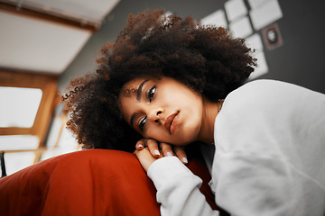 Image showing Sad, burnout and depressed woman sitting and thinking on the floor in a room alone at home. Burnout, stress and lonely girl with mental health, psychological or relationship problems laying on hands.