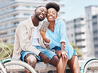 Image showing City travel, bicycle and selfie couple with smartphone on a date, vacation or summer holiday. Happy portrait man and woman or black people smile in photo for social media content or vlogging memories