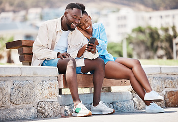 Image showing Outdoor park, smartphone and couple watching online video content, funny meme or social media post together on bench. Happy, relax and in love man and woman browsing internet on summer weekend break