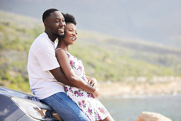 Image showing Couple, love and road trip with a young man and woman on a drive during their holiday, vacation or honeymoon. Relax, freedom and view with a happy male and female together outside during summer