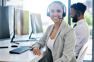 Image showing Call agent, woman and portrait smile at desk in customer service consulting company office. Happy, professional and positive girl worker in telemarketing career satisfied with career choice.