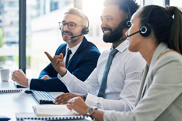 Image showing Teamwork, diversity and collaboration, a team of call centre employees working together. Men, woman and customer service, contact us for help. Telemarketing, consulting and communication with a smile