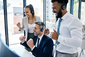 Image showing Winning call center agency or online team celebration for target success or goal with fist pump hands in a video call. Sales, telemarketing or ecommerce business people with review, report or results