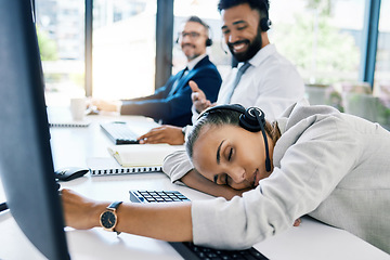 Image showing Burnout, tired and sleep at desk with call center employee at desk in customer service, ecommerce or telemarketing company. Business woman, exhausted and overworked customer support agent in office