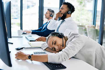 Image showing Tired, sleeping in call center and team burnout while giving customer service, consulting online and working at telemarketing company. Bored, sleep and fatigue employees in crm at startup agency