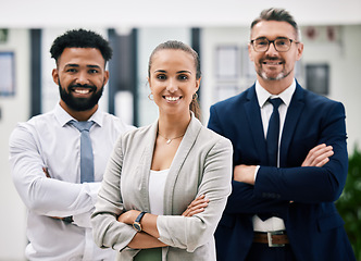 Image showing Corporate teamwork, woman leader and collaboration of successful, smile and company vision in office. Portrait of diversity business people, proud management and smile professional in unity together