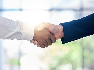 Image showing Diversity, B2B partnership handshake and business people for collaboration, company onboarding or teamwork innovation bokeh and lens flare. Corporate men shaking hand in deal, solidarity or thank you