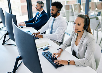 Image showing Diversity, call center and customer support team or people with telemarketing, contact us and consulting worker working. Consultant, communication and happy insurance service employee with headset.