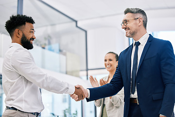 Image showing B2b, partnership and handshake deal with business team celebrating a startup goal. Teamwork, strategy and collaboration success with excited investor sharing vision and mission during integration