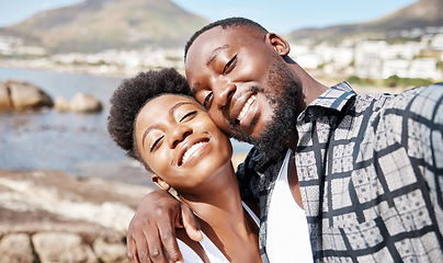 Image showing Black couple, selfie and smile for happy beach fun, carefree and relaxing sunny day outdoors. Portrait of love, summer and african people with photos on holiday, romance getaway and honeymoon date
