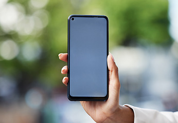 Image showing Blank phone screen, mockup and marketing, advertising and mobile brand app space in urban city. Closeup hands of woman holding internet technology, social media website contact and www connect online