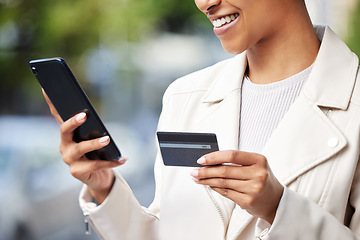Image showing Fintech business woman with phone online shopping, ecommerce and credit card doing financial payment or banking. Corporate finance hands using a 5g network and safe digital bank app or software