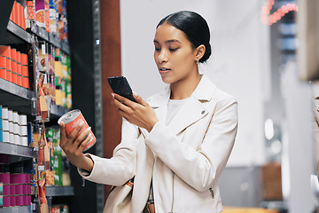 Image showing Supermarket, customer and price check on smartphone to compare product cost on ecommerce app. Grocery shop inflation and increase in spending money with essential lifestyle consumables.