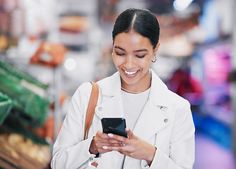 Image showing Supermarket, phone or woman with smile in food store doing research, ecommerce or online shopping on healthy product. Happy customer shopping for grocery retail cooking stock on sale with fintech app