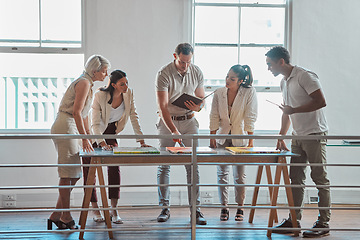 Image showing Business people, art design and meeting for creative project analysis at gallery boardroom. Company for expert artistic opinion and feedback of painting work idea for professional showroom.