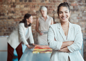 Image showing Leadership, proud and portrait of business woman in strategy, planning and collaboration meeting for vision, mission and career motivation. Team leader or manager with a goal for company development