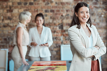 Image showing Portrait of happy art gallery manager with vision and success in her startup company. Woman entrepreneur and leader with her arms crossed and smile about her leadership, management and trust at work