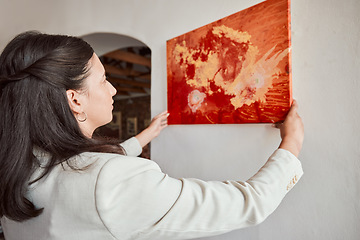 Image showing Interior design, woman and wall painting in house, home and real estate sale building. Latino employee with creative vision for stage property, designer expo or art gallery exhibition in museum room