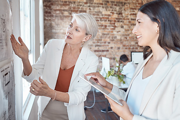 Image showing Leadership, presentation and coach talking and explaining ideas, vision and strategy plan during a meeting. Senior architect showing blueprint on board during a briefing with employee with a tablet