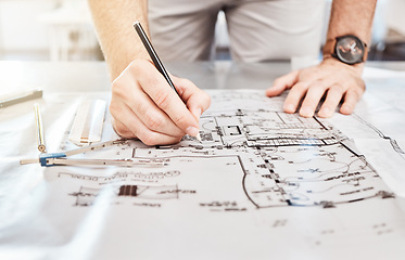 Image showing Drawing construction on blueprint, planning architecture design on paper and writing notes on building documents on table in work office. Designer, architect and builder with strategy for renovation