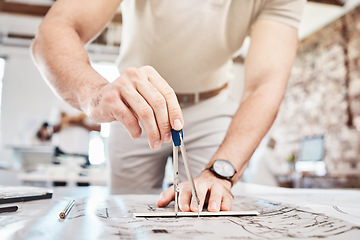 Image showing Architecture drawing blueprint with compass of layout, sketch and floor plan for construction development. Hands, engineer and designer with draft, creative measure and illustration building project