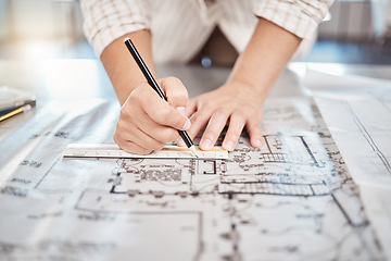 Image showing Architect drawing building floor plan, design blueprint map and engineer drafting structure on table paper. Real estate development work office construction and industrial wall safety ruler