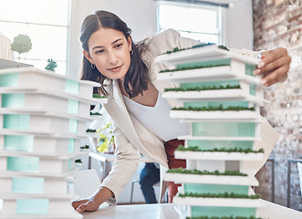 Image showing Woman architecture, building model and construction of property project, real estate engineering and industrial planning. Professional designer, creative worker and 3d floor plan scale in development