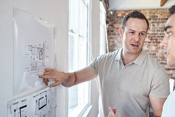 Image showing Architecture building presentation drawing, man show client blueprint design on office wall. Customer listening to architect floor plan, creative industry job and professional project advice work