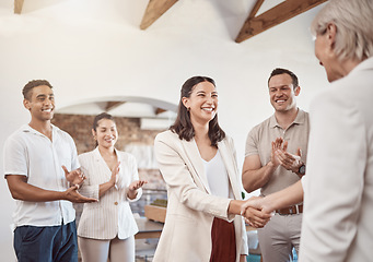 Image showing Business handshake with clapping workers in the work office. Professional company b2b shaking hands for a deal to come and work together. Diverse group of happy staff thank you and welcome employee