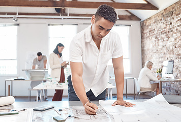 Image showing Blueprint planning, architecture business or engineering manager and industry leader. Architect, engineer and designer man working in an office in a creative building strategy design company