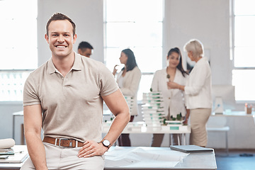 Image showing Portrait, smile and happy man or architect at seminar, training workshop or team meeting. Engineer, support and planning workers at a conference, seminar and coaching tradeshow in collaboration.