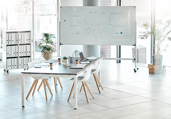 Image showing Boardroom, meeting or empty conference room with whiteboard, chairs and table interior of modern creative office space. Marketing data and charts for a business presentation, discussion of briefing