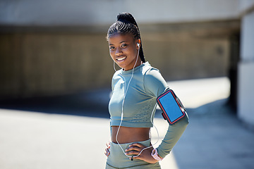Image showing Black woman, workout portrait and running with music or podcast for fitness exercise wellness. Digital streaming tech with earphones for focus, relaxing and motivation with physical sports.