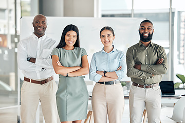 Image showing Business teamwork, office diversity and team collaboration of happy marketing group. Portrait of corporate advertising staff together with workforce community and support ready to work on a project