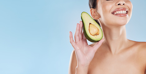 Image showing Avocado skincare, woman beauty and natural cosmetic wellness in healthy diet, feminine results and clean glowing skin on mockup blue background. Bodycare, nutrition and model, grooming and fresh face