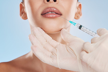 Image showing Beauty, collagen and a woman getting a lip injection from a medical worker. Plastic surgery, dermal filler and cosmetic treatment for youth. Modern medicine skincare and make up for natural good look