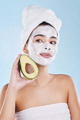 Image showing Avocado, skincare and woman with facial face mask for cleaning, detox and healthy pores in a beauty portrait. Wellness, peeling and dermatology cosmetics lotion for natural cream product treatment