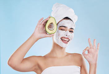 Image showing Skincare, beauty and ok sign for avocado face mask with beautiful woman taking care of healthy skin. Organic, fresh and cleansing facial with routine treatment and natural ingredient for good results