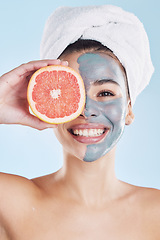 Image showing Skincare, face mask and grapefruit with a woman during her skin routine for clean and clear complexion. Young model with healthy fruit nutrition for face with natural ingredients and diet for health