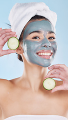 Image showing Skincare woman, facial mask and cucumber beauty cosmetics after fresh shower, bathroom grooming routine and cool bodycare. Portrait feminine face, clean pore complexion and healthy pamper treatment